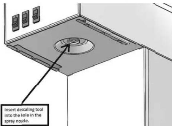 Insert descaling tool into the hole in the spray nozzle.