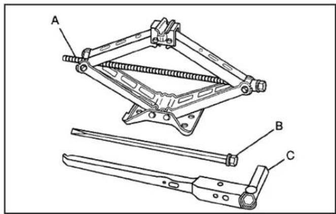Technical diagram of a mechanical clamp assembly with labeled parts A, B, and C