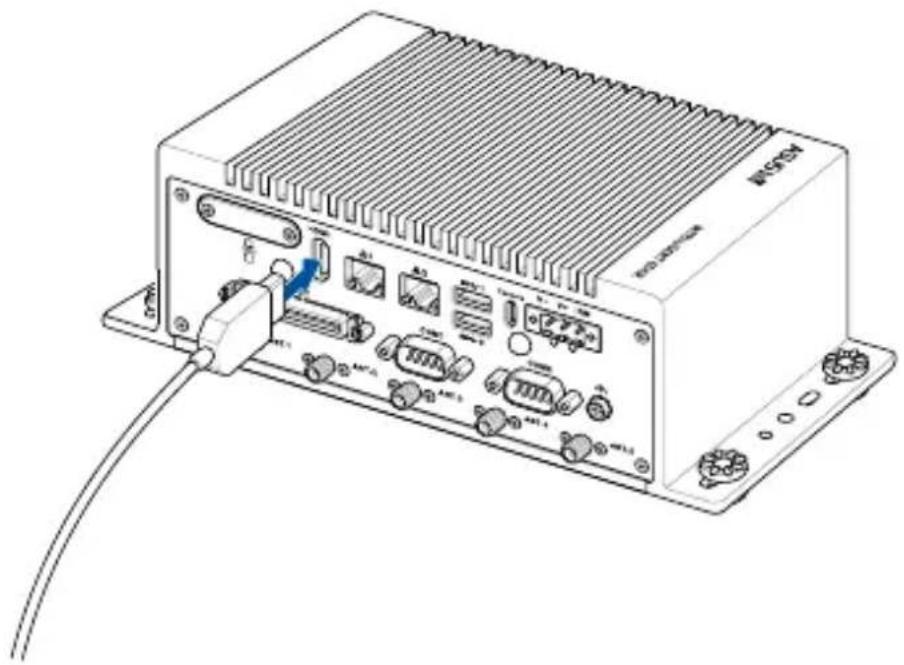 Illustration of an electronic device chassis with ports, connectors, and a cable (no text or symbols visible)