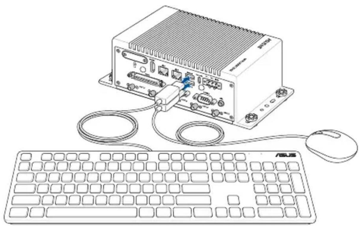Line drawing of a computer setup with an electronic device connected to a keyboard and mouse (no text or symbols visible)