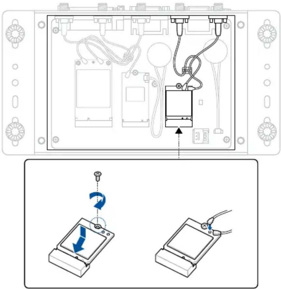 Diagram showing a device rear panel with cable routing and a close-up of its internal components, including a blue directional arrow indicating rotation.
