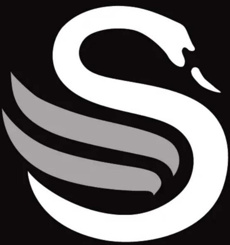 Stylized white and gray swan logo design on black background (no text or symbols)