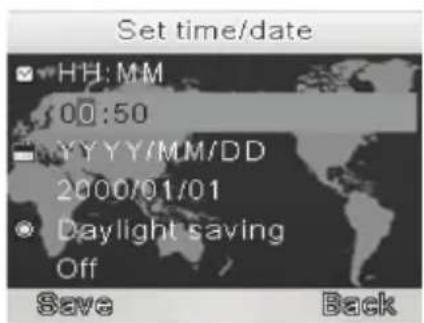 Set time/date HH: MM 00:50 YYYY/MM/DD 2000/01/01 Daylight saving Off Save Back