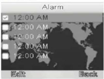 Alarm ✓ 12:00 AM □ 12:00 AM ■ 12:00 AM □ 12:00 AM ■ 12:00 AM Edit Back