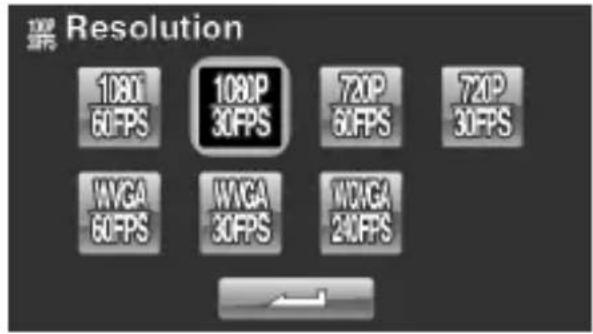 Resolution 1080P 60 FPS 1080P 30 FPS 720P 60 FPS 720P 30 FPS MVGA 60 FPS MVGA 30 FPS MVGA 240 FPS
