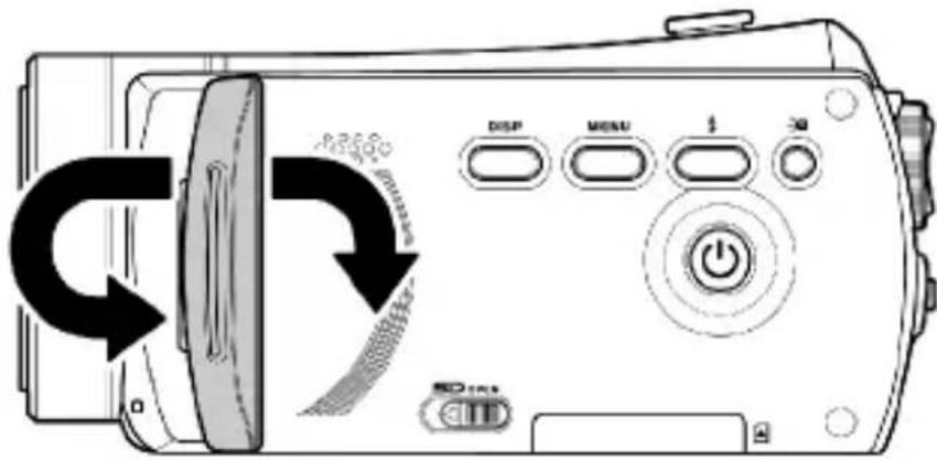 Diagram of a digital camera with labeled buttons and control panel, showing directional arrows indicating rotation or movement.