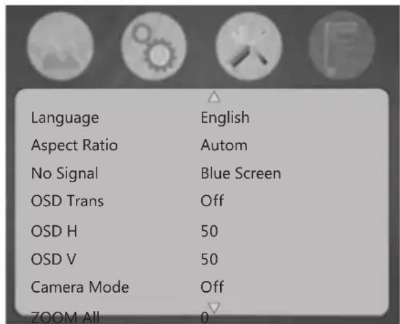 Language Aspect Ratio No Signal OSD Trans OSD H OSD V Camera Mode ZOOM All English Autom Blue Screen Off 50 50 Off 0