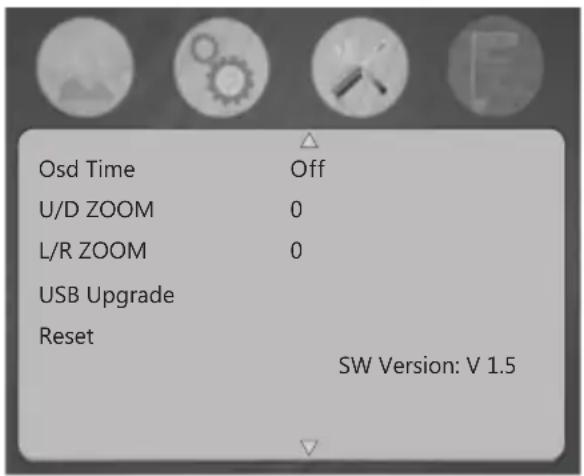 Osd Time Off U/D ZOOM 0 L/R ZOOM 0 USB Upgrade Reset SW Version: V 1.5