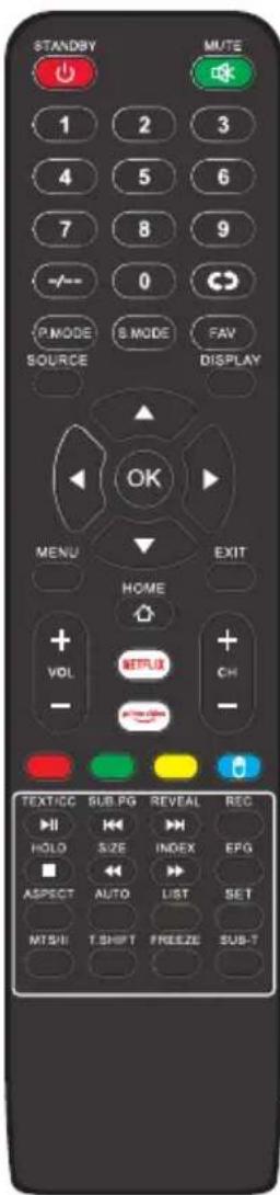 STANDBY MUTE 1 2 3 4 5 6 7 8 9 -/- 0 P.MODE S.MODE FAV SOURCE DISPLAY OK MENU EXIT HOME + NETFLU + VOL CH - TEXT/CC SUB.PG REVEAL REC HI H K H HOLD SIZE INDEX EPG ■ ◄ ◄ ▶ ASPECT AUTO LIST SET MTS/I T.SHFT FREEZE SUB-T