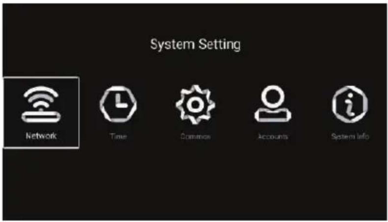 System Setting Network Time Commerce Accounts System Info