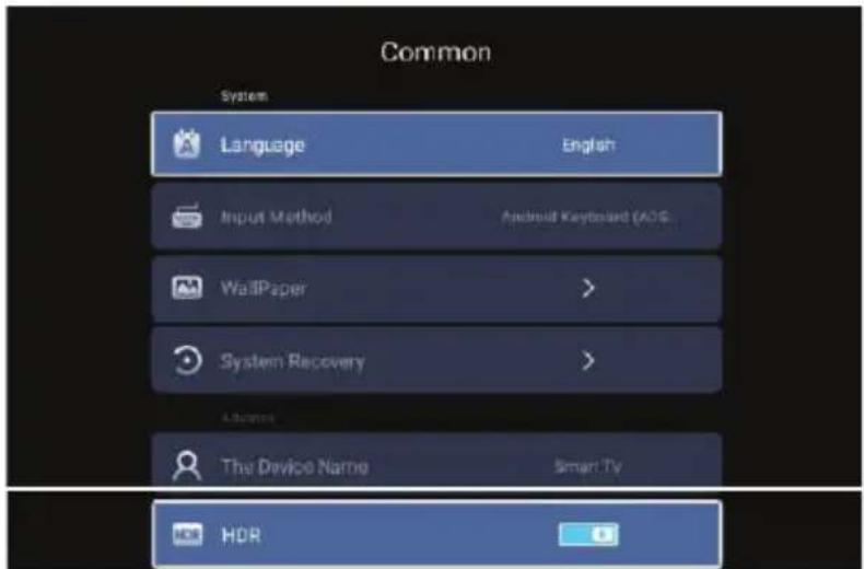 Common System Language English Input Method Android Keyboard (AOS) WallPaper > System Recovery > Advanced The Device Name Smart TV HDR 0