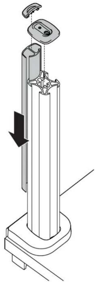 Technical illustration of a mechanical assembly with a vertical post and mounting base, showing a downward force arrow (no text or symbols)