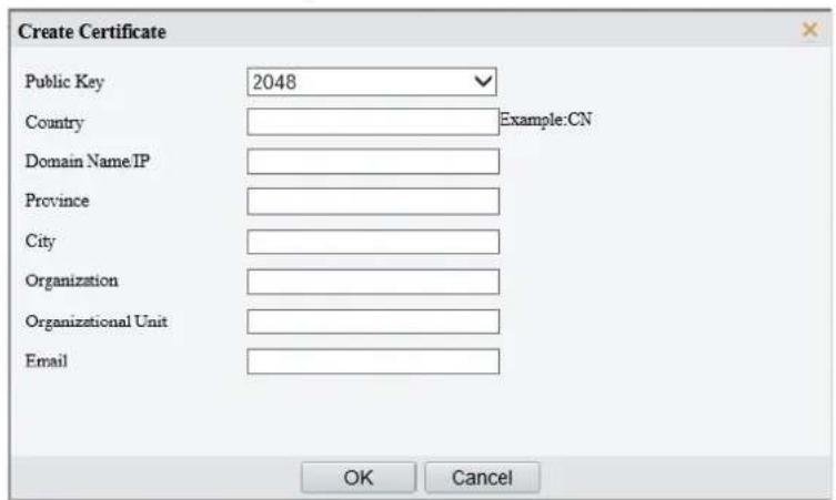 Create Certificate Public Key 2048 Country Example:CN Domain Name:IP Province City Organization Organizational Unit Email OK Cancel