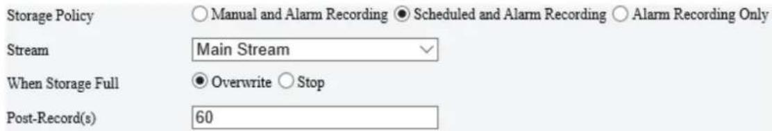 Storage Policy ○ Manual and Alarm Recording ● Scheduled and Alarm Recording ○ Alarm Recording Only Stream Main Stream When Storage Full ● Overwrite ○ Stop Post-Record(s) 60