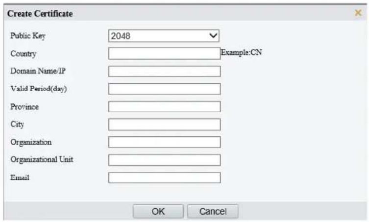 Create Certificate Public Key 2048 Country Example:CN Domain Name/IP Valid Period(day) Province City Organization Organizational Unit Email OK Cancel
