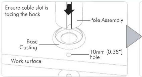 Ensure cable slot is facing the back Pole Assembly Base Casting 10mm (0.38") hole Work surface