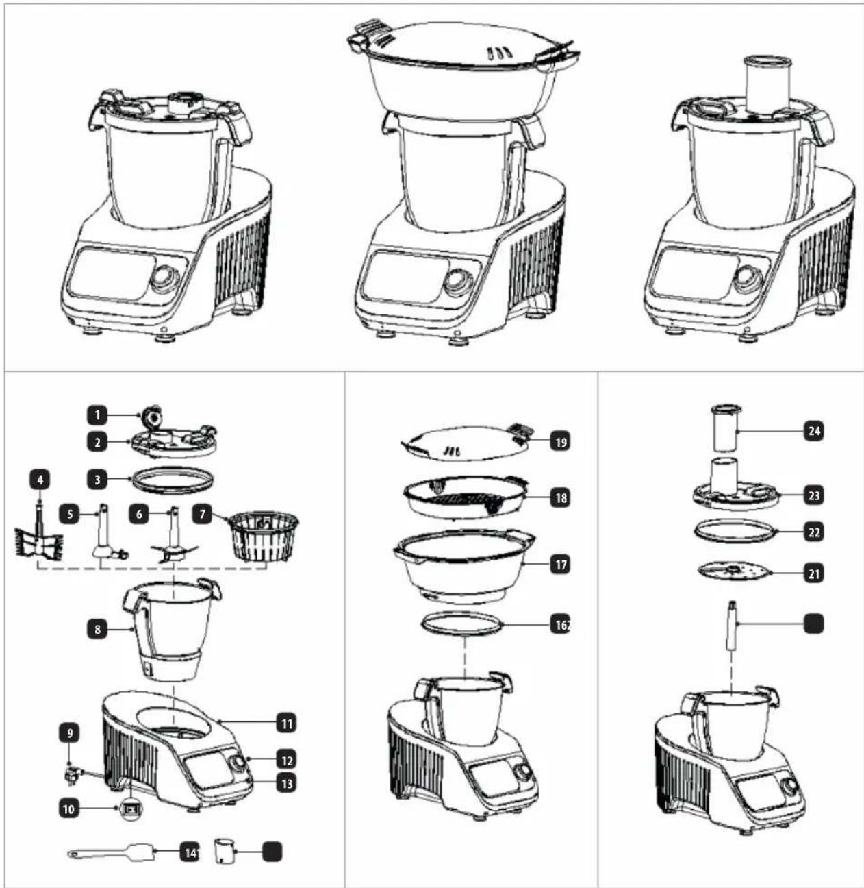 Technical diagram showing exploded and assembled views of a kitchen appliance with numbered parts for identification.