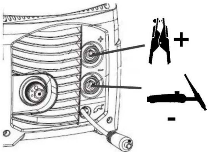 Technical diagram of a mechanical device with labeled components and polarity indicators