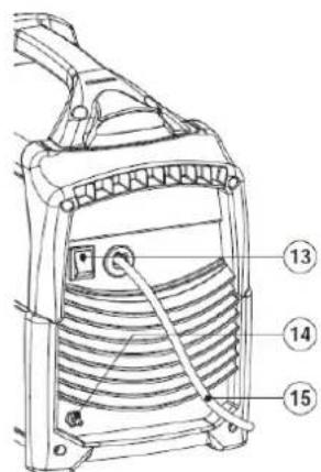 Technical diagram of a mechanical device with numbered parts labeled 13, 14, and 15