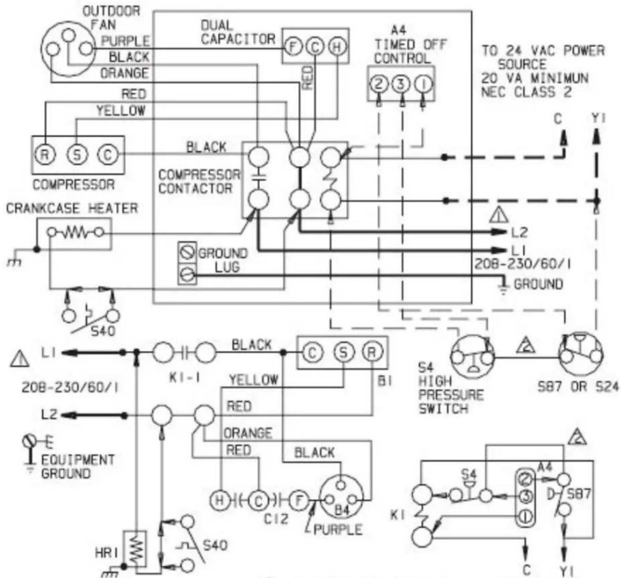 OUTDOOR FAN PURPLE BLACK ORANGE RED YELLOW R S C COMPRESSOR CRANKCASE HEATER S40 DUAL CAPACITOR F C H A4 TIMED OFF CONTROL ② ③ ① TO 24 VAC POWER SOURCE 20 VA MINIMUN NEC CLASS 2 BLACK COMPRESSOR CONTACTOR L2 L1 20B-230/60/1 GROUND GROUND LUG K1-I BLACK YELLOW RED ORANGE RED BLACK H C I2 F B4 PURPLE S4 HIGH PRESSURE SWITCH S87 OR S24 E EQUIPMENT GROUND HRI S40 K1 S4 A4 ② D S87 ① YI