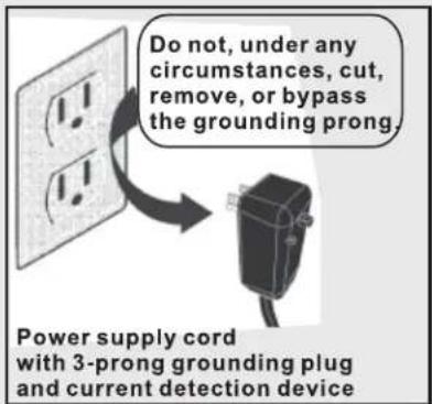 Do not, under any circumstances, cut, remove, or bypass the grounding prong. Power supply cord with 3-prong grounding plug and current detection device