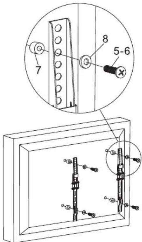 Technical diagram showing assembly of a wall-mounted device with labeled parts and exploded view