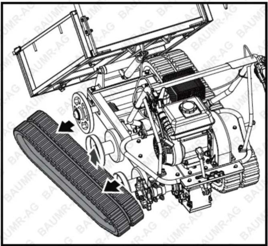Technical diagram of a tracked robotic vehicle with labeled components and directional arrows indicating motion or movement.