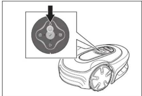 Diagram showing a device with a control panel and an inset highlighting a circular component with icons, likely illustrating a robot or sensor system.