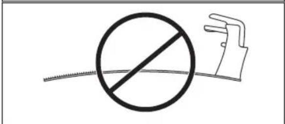 Safety warning symbol showing a diagonal slash over a circle with no text, next to a hand gesture.