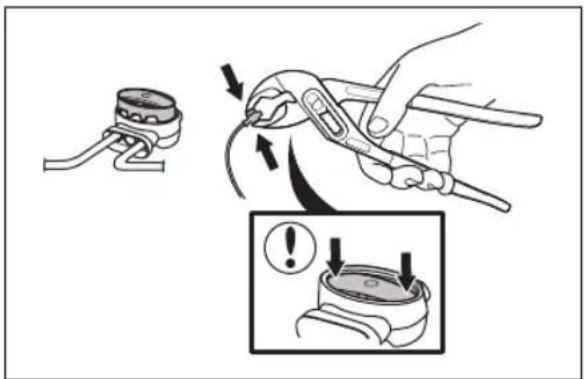 Diagram illustrating a manual tool application with a magnified view showing the action sequence and warning symbols.
