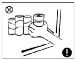 Diagram showing a hand holding a beer mug with a magnifying glass above, and warning symbols for incorrect handling.