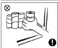 Diagram showing a hand holding beer bottles with a warning symbol and a crosshair, likely illustrating a safety or safety hazard.