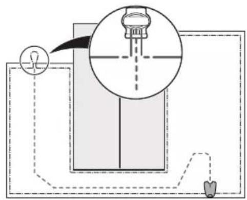 Diagram showing a light bulb connected to a panel with an inset close-up of the component, likely illustrating a mechanical or electrical setup.