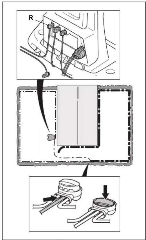 Technical diagram showing three-step assembly steps of a mechanical component with labeled parts R, including a close-up and a downward arrow indicating a process.