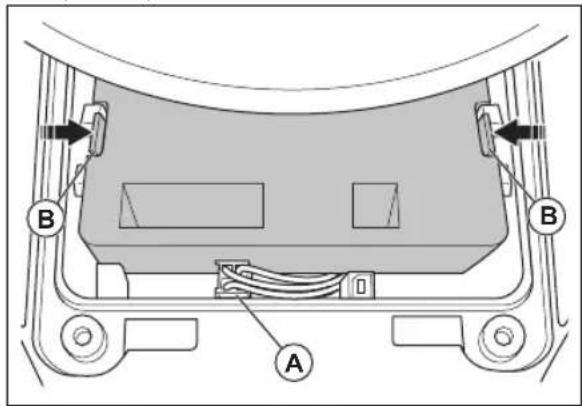 Technical diagram of a vehicle rear panel with labeled components A and B, showing cable routing and directional arrows.