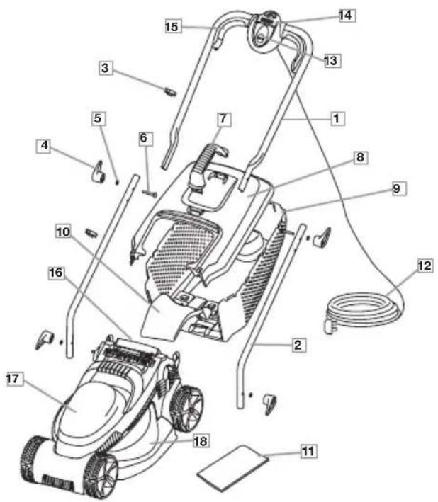 Labeled diagram of a lawn mower system with numbered parts for identification