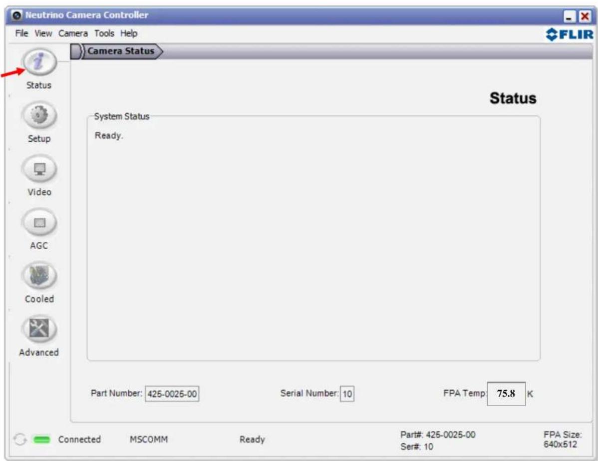 Neutrino Camera Controller File View Camera Tools Help FLIR Camera Status Status System Status Ready. Status Part Number: 425-0025-00 Serial Number: 10 FPA Temp: 75.8 K Connected MSCOMM Ready Part#: 425-0025-00 FPA Size: Ser#: 10 640x512