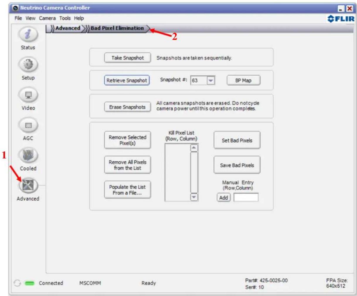 Neutrino Camera Controller File View Camera Tools Help Advanced >Bad Pixel Elimination Status Take Snapshot Snapshots are taken sequentially. Retrieve Snapshot Snapshot #: 63 BP Map Erase Snapshots All camera snapshots are erased. Do notcycle camera power until this operation completes. Remove Selected Pixel(s) Kill Pixel List (Row, Column) Set Bad Pixels Remove All Pixels from the List Save Bad Pixels Populate the List From a File... Manual Entry (Row,Column) Add 1 Cooled Advanced Connected MSCOMM Ready Part#: 425-0025-00 FPA Size: 640x512 Ser#: 10