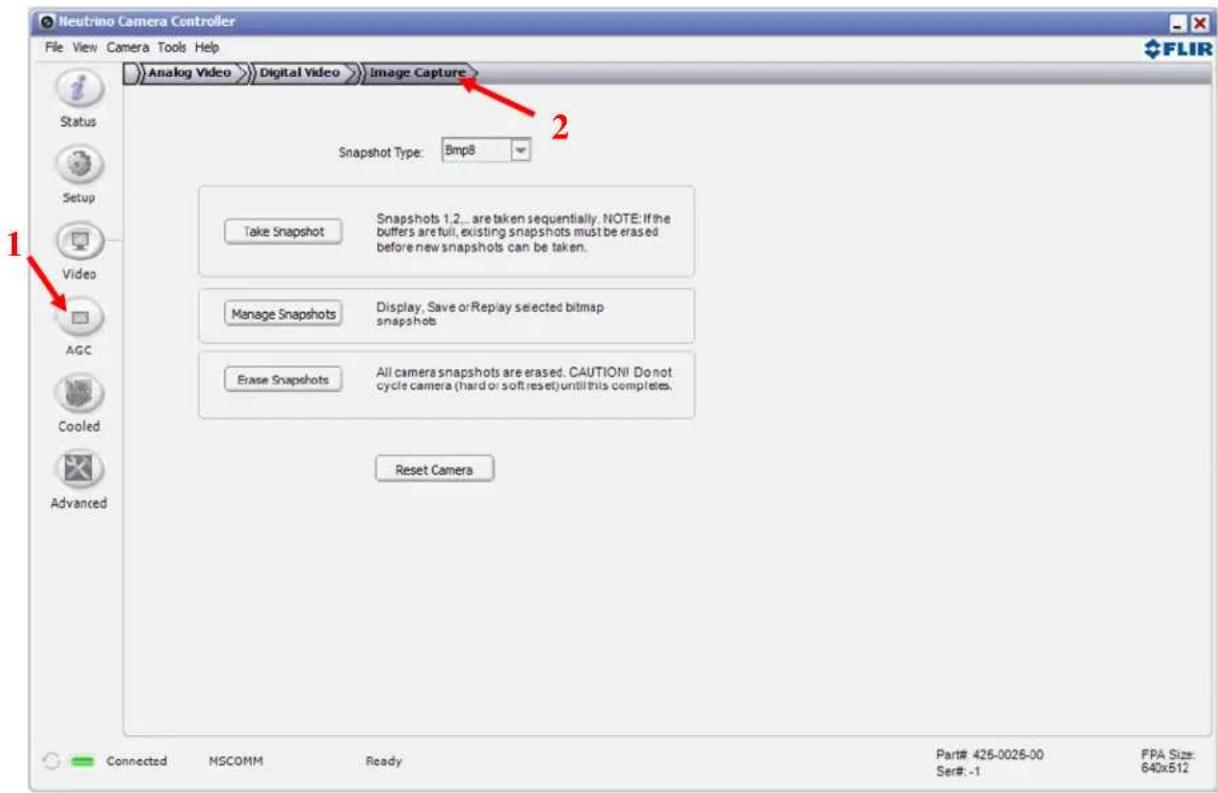 Neutrino Camera Controller File View Camera Tools Help Analog Video Digital Video Image Capture Status Setup Video AGC Cooled Advanced 1 2 Snapshot Type: Bmp8 Take Snapshot Snapshots 1,2... are taken sequentially. NOTE: If the buffers are full, existing snapshots must be erased before new snapshots can be taken. Manage Snapshots Display, Save or Replay selected bitmap snapshots Erase Snapshots All camera snapshots are erased. CAUTION! Do not cycle camera (hard or soft reset) until this completes. Reset Camera Connected MSCOMM Ready Part# 425-0026-00 FPA Size: Ser#: -1 640x612