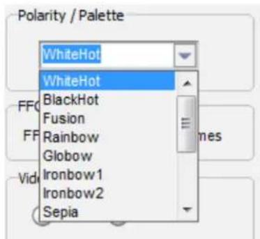 Polarity / Palette WhiteHot WhiteHot BlackHot Fusion Rainbow Globow Ironbow1 Ironbow2 Sepia