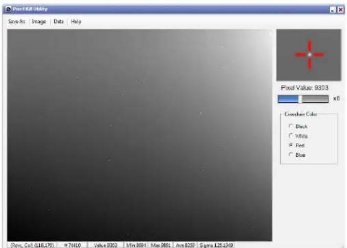 Pixel100 Utility Save As | Image | Data | Help Pixel Value: 9303 x6 Crosshair Color Black White Red Blue (Bow, Cell: 516,470) # 76410 Value 9302 Min 8094 Max 9806 Ave 8259 Sigma 125-1049
