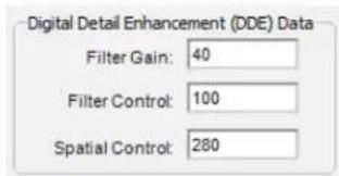 Digital Detail Enhancement (DDE) Data Filter Gain: 40 Filter Control: 100 Spatial Control: 280