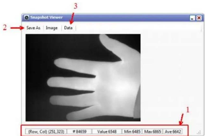 Snapshot Viewer Save As Image Data (Row, Col) (251,323) # 84659 Value 6548 Min 6485 Max 6865 Ave 6642
