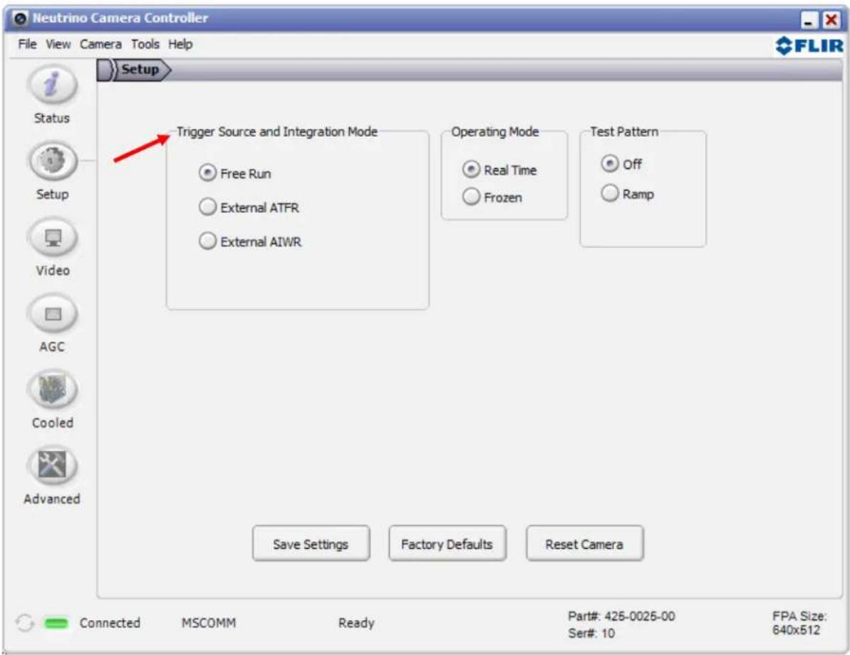 Neutrino Camera Controller File View Camera Tools Help FLIR Setup Trigger Source and Integration Mode Free Run External ATFR External AIWR Operating Mode Real Time Frozen Test Pattern Off Ramp Save Settings Factory Defaults Reset Camera Connected MSCOMM Ready Part#: 425-0025-00 FPA Size: Ser#: 10 640x512
