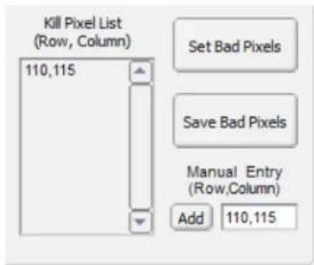 Kill Pixel List (Row, Column) 110,115 Set Bad Pixels Save Bad Pixels Manual Entry (Row,Column) Add 110,115