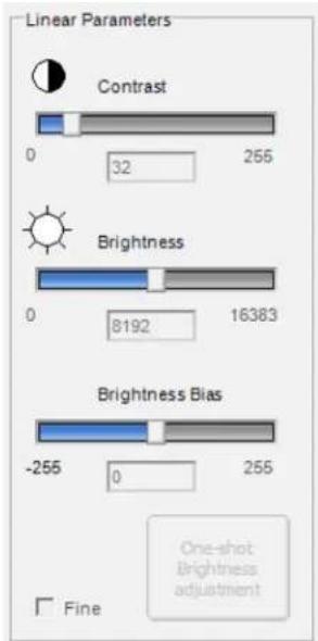 Linear Parameters Contrast 0 32 255 Brightness 0 8192 16383 Brightness Bias -255 0 255 Fine One-shot Brightness adjustment