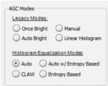 AGC Modes Legacy Modes: Once Bright Manual Auto Bright Linear Histogram Histogram Equalization Modes: Auto Auto w/ Entropy Based CLAW Entropy Based