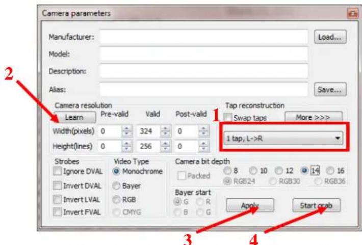 Camera parameters Manufacturer: Load... Model: Description: Alias: Save... Camera resolution Learn Pre-valid Valid Post-valid Width(pixels) 0 324 0 Height(lines) 0 256 0 1 tap, L->R Tap reconstruction Swap taps More > >> Strobes Video Type Camera bit depth Ignore DVAL Monochrome Packed 8 10 12 14 16 Invert DVAL Bayer RGB24 RGB30 RGB36 Invert LVAL RGB Invert FVAL CMYG Bayer start Apply Start grab 3 4