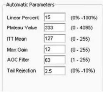 Automatic Parameters Linear Percent 15 (0% -100%) Plateau Value 333 (0 - 4095) ITT Mean 127 (0 - 255) Max Gain 12 (0 - 255) AGC Filter 63 (1 - 255) Tail Rejection 2.5 (0% -10%)