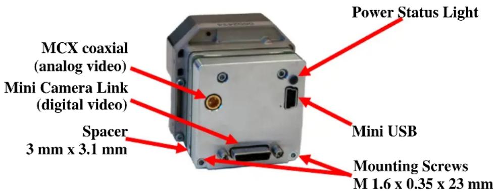 Power Status Light MCX coaxial (analog video) Mini Camera Link (digital video) Spacer 3 mm x 3.1 mm Mini USB Mounting Screws M 1.6 x 0.35 x 23 mm